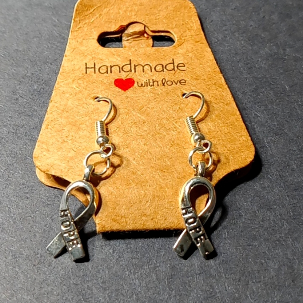 Silver Cancer ribbon earrings in silver